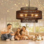 30" Large Black Rattan Chandelier, 8-Light Hand-Woven 3-Tier Drum Wicker Boho Farmhouse Light Fixture, Retro Pendant for Dining Room Kitchen Island Bedroom Living Room Foyer - color: Black 30"