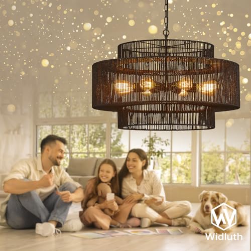 30" Large Black Rattan Chandelier, 8-Light Hand-Woven 3-Tier Drum Wicker Boho Farmhouse Light Fixture, Retro Pendant for Dining Room Kitchen Island Bedroom Living Room Foyer - color: Black 30"