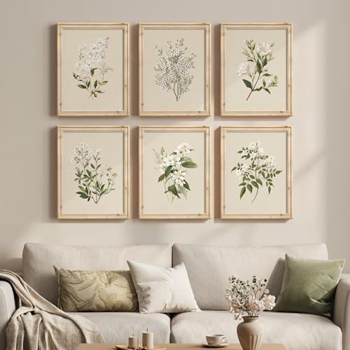Framed Vintage Botanical Floral Wall Art Set of 6, Neutral Rustic Green Flower Canvas Prints, Cottagecore Farmhouse Minimalist Gallery Pictures for Bedroom Living Room Dining Room Wall Decor, 11x14 In - color: Neutral Beige, size: 11" W x 14" H x 6Pcs