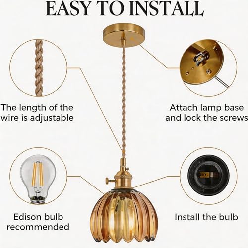 Amber Tulip Glass Pendant Light, 1 Natural Light Bulb Included, Adjustable Cord with Switch, Suitable for Kitchen Island/Dining Room - color: Amber 1pc Tulip Pendant Light