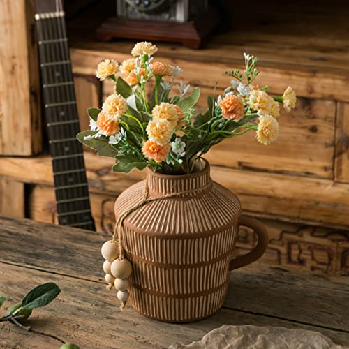 Mowtanco Rustic Farmhouse Vase with Handle and Boho Wooden Beads - Terracotta Vase with Vertical Stripes for Vintage Home Decor - color: Yellow - Wooden Beads