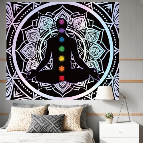 CRAFTYMELODY Meditator Blacklight Tapestry Glow in the Dark Tapestry UV Reactive Mandalas Wall Hanging 59×51 Inch with Hook Self Adhesive Sticker Clip for Bedroom Home Wall Decoration - color: Meditator