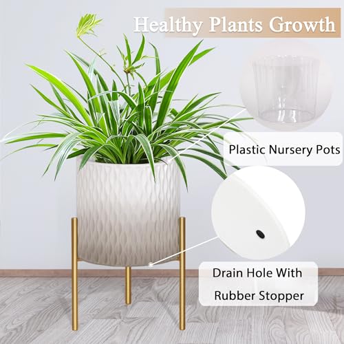 ARNIS Plants Pots with Stand, Set of 2 Indoor Planter Pots, Unique Mid Century Decorative Metal Flower Pots with Drainage,8.25 & 10.5 Inch, Grey and White - color: Grey & White, size: 8.25 &10.5