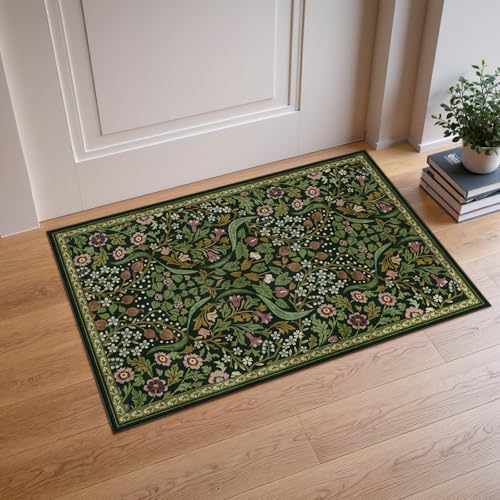Moynesa Floral Kitchen Rug, 2x3 Washable Rugs Green Non Slip Boho Bathroom Rug, Soft Small Area Rug Indoor Door Mat, Ultra Thin Botanical Throw Rugs for Entryway Bedroom, Green - color: Green, size: 2' x 3' (Rectangular)