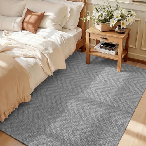 3x5 Area Rug, Washable Non Slip Entryway Rug for Front Door, Low Profile Living Room Mat, Easy Clean Woven Carpet for Bedroom Dining Room, Neutral Grey - color: Grey-c, size: 3' x 5'