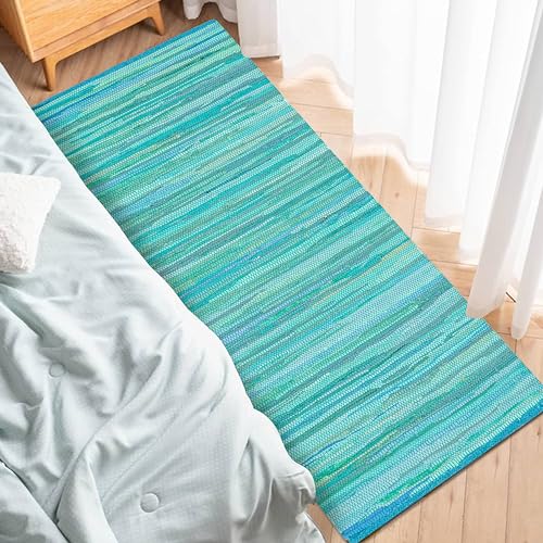 Cotton Hand Woven Chindi Runner Rug 2x6 Feet - Teal, Durable Rectangular Large Door Way Rag Rugs Ideal for Hallways, Kitchen, Bedroom, Nursery Room | Green Soft Reversible Floor Mat for Kids Space - color: Teal, size: 2' x 6' (Runner)