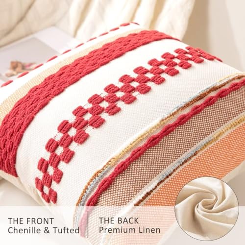 Boho Throw Pillow Covers 18x18 Set of 2 Christmas Decorative Cushion Case Striped Square Pillows Cover Chenille Pillow Cases Accent Neutral Pillowcase for Sofa Couch Bed,Red - color: Red Stripe