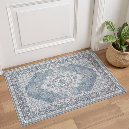 Tortania Area Rug 2x3 Doormat - Washable Vintage Oriental Farmhouse Soft Thin Indoor Carpet for Living Room Bedroom Hallway Entryway Kitchen - Blue - color: Blue, size: 2' x 3' (Rectangular)
