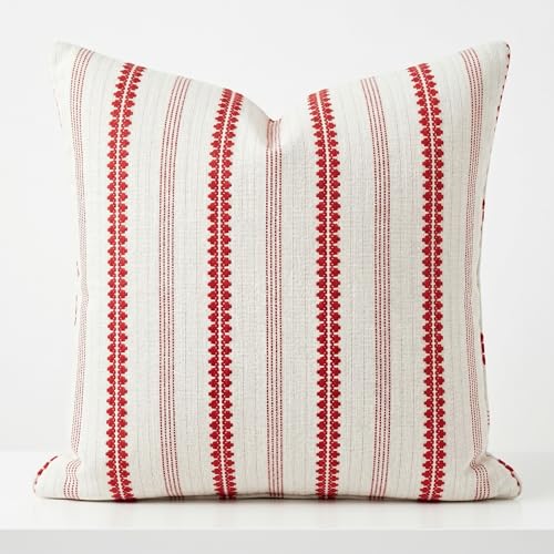 SanVia Cotton Throw Pillow Covers 20x20 – Handwoven Jacquard Texture, Fade-Resistant, No Pilling – Hidden Zipper, Decorative Cushion Cover for Sofa, Couch, Bed – Insert Not Included (Striped, White) - color: Winterberry, size: 20" x 20"