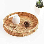 Coffee Table Tray Round Rattan Ottoman Tray Woven Serving Trays with Handles for Home and Kitchen Decorative Natural (Large 14 inch x 2.4 inch)