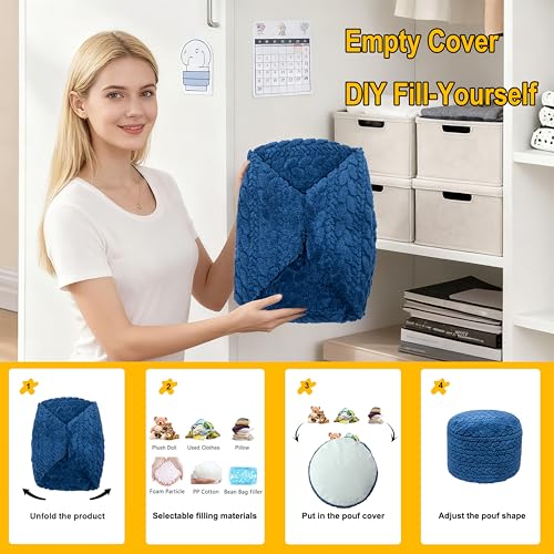 Poofieotto Unstuffed Ottoman Pouf Cover – Round Faux Fur Footstool Plush Floor Pouf (No Filler Included) Perfect for Living Room, Bedroom, or Office Lounge (Navy Blue, 20x20x15 in) - color: Navy Blue, size: 20"D x 20"W x 15"H