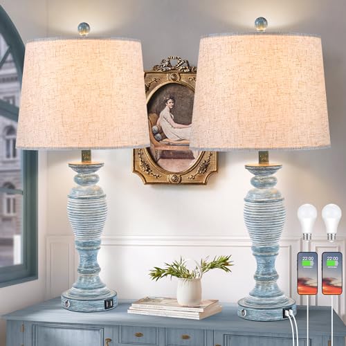 Blue Lamps Set of 2, 27.7" Table Lamps for Living Room with USB A+C Ports, Touch Lamp for Bedroom, 2 Bulbs Included - color: Teal-1