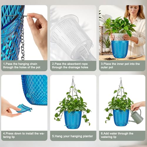 QCQHDU Hanging Planters for Indoor Plants, 2-Pack, 5.7 Inch, Klein Blue | Plastic, Self Watering, Plant Hanger, Drainage Holes, 3 Hooks Chains, For Garden Home
