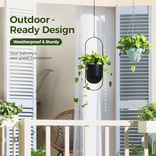 Bamworld Black Hanging Planters for Indoor Outdoor Plants Metal Hanging Pots for Plants 5.5 Inch Modern Hanging Baskets Window Plant Hanger Ceiling Hanging Flower Pots with Chain for Wall Decor - size: Oval - 5.5in