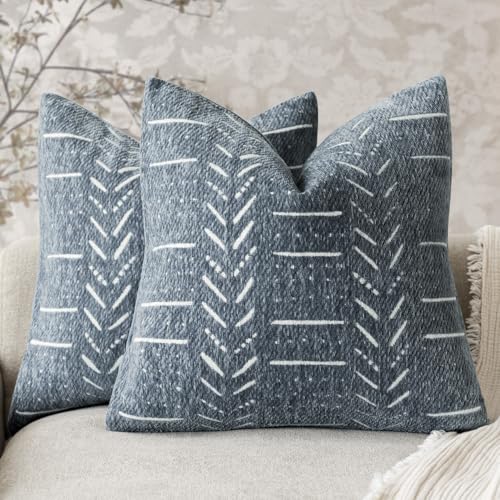 Home Décor Decorative Boho Accent Chenille Throw Pillow Covers,Textured Neutral Cushion Covers,Soft Farmhouse Pillowcase for Couch Sofa Chair Bed Living Room, 18×18 Inch, Set of 2, Dusty Blue - color: Dusty Blue, size: 18" x 18" (Pack of 2)