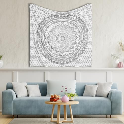 THE ART BOX Glittering Silver Grey Tapestry Wall Hanging Mandala – Bohemian Room Decor – Cotton Throw Tapestry – Medium Bedspread 54x60 Inches - color: Silver and White, size: 54"L x 60"W