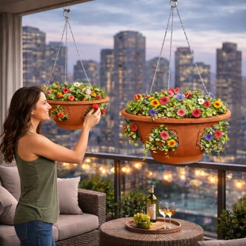 Ultimate Hanging Baskets - Strawberry, Tomato, Flower, and Herb Outdoor Planters - Use Garden Pots for Growing Plants Outside On A Deck, Fence, or Balcony (2, Terracotta) - color: Terracotta