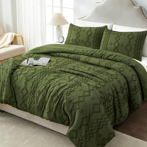 Andency Olive Green Tufted Comforter Set California King(104x96Inch), 3 Pieces(1 Boho Comforter, 2 Pillowcases) Textured Farmhouse Comforter, Soft Down Alternative Geometric Comforter Set - color: 10 - Olive Green, size: California King(104"x96")
