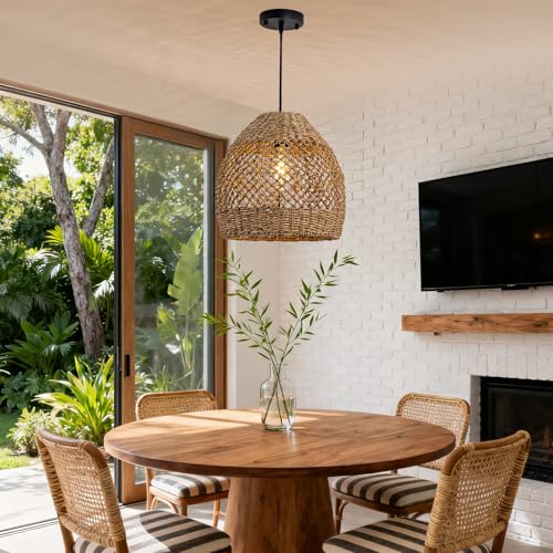 Boho Rattan Pendant Lights 13.8IN Farmhouse Dining Room Light Fixtures Hand-Woven Seagrass Chandelier Coastal Wicker Hanging Lighting for Kitchen Island Entry Living Room Bedroom Foyer Restaurant - color: Coffee-C