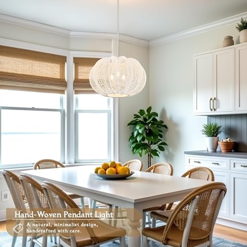 17.7 Inch Rattan Pendant Light White Hemp Rope Rattan Light Fixture Wicker Chandelier Woven Pendant 3-Light Boho Chandelier for Kitchen Island - color: 17.7" White