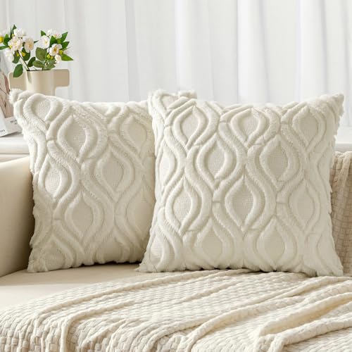 MIULEE Cream White Throw Pillow Covers 18x18 Inch, Soft Winter Plush Faux Wool Couch Pillow Covers Set of 2 Decorative Farmhouse Boho Throw Pillows for Sofa Living Room Bed - color: Cream White, size: 18" x 18" (Pack of 2)