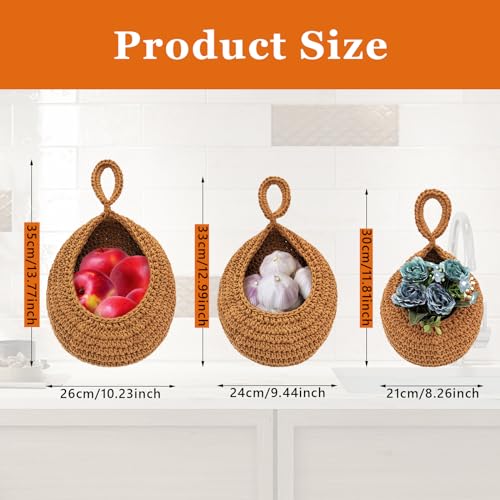 Teardrop Hanging Baskets for Kitchen, Jute Hanging Fruit Baskets Boho Wall Hanging Storage Jute Basket Handwoven Pantry Baskets for Fruit, Vegetable, Potato,Onion, Plante, Set of 3 Sizes (S M L)