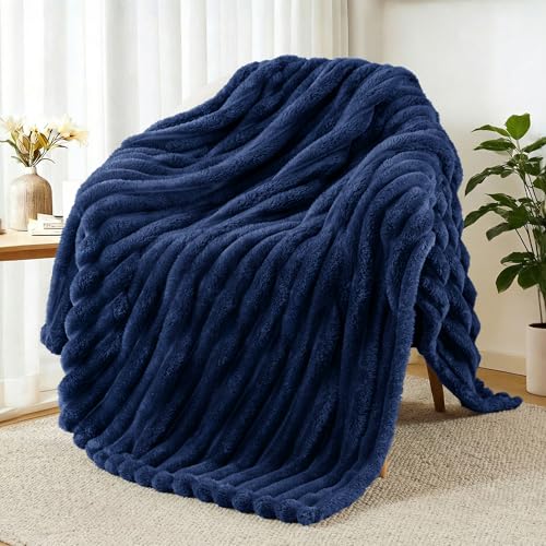 Exclusivo Mezcla Fleece Throw Blanket for Couch, Super Soft Striped Jacquard Bed Blanket, Lightweight Fuzzy Cozy for All Seasons, 50x60 Inches, Navy Blue - color: Navy Blue, size: Throw ( 50x60 IN )