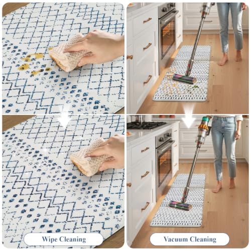 KIMODE Kitchen Mats 2PCS Cushioned Anti Fatigue Boho Kitchen Rugs and Mats Non Slip Waterproof Kitchen Mats for Floor Comfort Foam Standing Desk Mat for Home Office Sink Blue White Laundry Room Decor - color: Light Blue Diamond, size: 17.3" x 47 "+ 17.3"