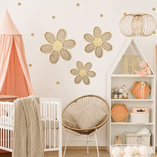 Maitys 3 Pieces Boho Daisy Wall Decor Natural Rattan Flower Wall Hanging Art Wooden Boho Art Nursery Flowers Farmhouse Hanging Decor for Home Office Nursery(Wooden Color) - color: Wooden Color