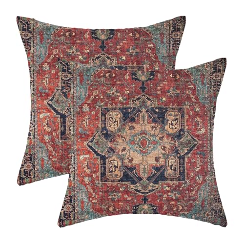 Boho Pillow Covers 16x16 Inch 2 Pcs Vintage Red Carpet Pattern Ethnic Decor Throw Pillows Blue Teal Retro Bohemian Outdoor Farmhouse Decoration Pillowcase Linen Cushion Cover for Couch Sofa Bed - color: Red Teal Boho, size: 16" x 16" (Pack of 2)