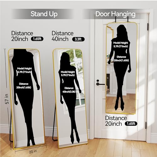 SCWF-GZ 57x20 Full Length Mirror Over The Door Hanging, Floor Stand/Wall Mounted Aluminum Alloy Frame Dressing Mirror for Bedroom Living Room 57 inch Gold - color: Gold, size: 57"L x 20"W