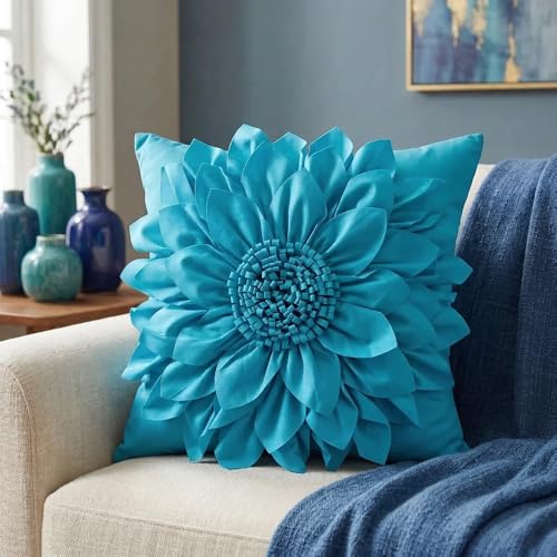 Bella's Giftshop 3D Sunflower Decorative Throw Pillow Covers for Bed Sofa Couch Car, Accent Floral Taffeta Cushion Cover, Handmade Pillow Cases Living Room Decor, 17x17 Inch-Teal/Turquoise - color: Blue