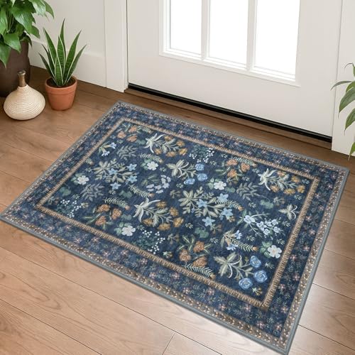 Lansny Washable Entryway Rug 2x3, Navy Floral Kitchen Rug, Super Thin Faux Wool Small Area Rug, Boho Non-Slip Soft Carpet for Foyer, Bedroom, Office - color: Navy, size: 2' x 3' (Rectangular)