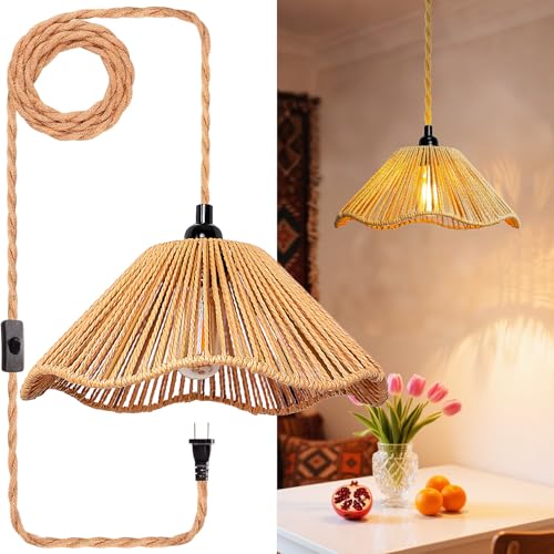 Hanging Lights with Plug in Cord Rattan Hanging Lamp Boho Ceiling Light Fixtures Farmhouse Pendant Lamp Shape for Living Room Bedroom Kitchen - size: 12.4 Inch-Umbrella Shade