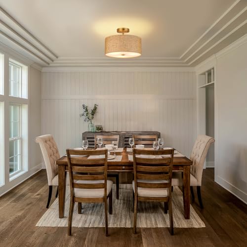13" Woven Rattan Boho Ceiling Light Fixture, 3-Light Modern Semi Flush Mount Lamp with Drum Fabric Shade, Rustic Brown Lighting for Bedroom, Dining Room, Living Room, Hallway, Entryway - color: Deep Brown