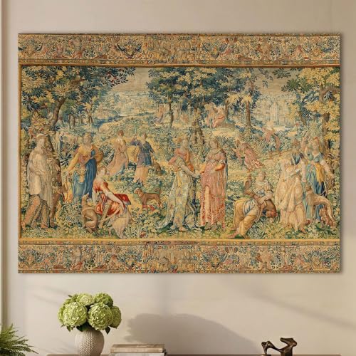 LATETOMT Renaissance Garden Party Tapestry Medieval Tapestry Canvas Wall Art Tapestries for Bedroom Living Room Dorm Decor Tablecloth 80x60in LTMTAYW488 - color: Brown-1, size: 80"L x 60"W