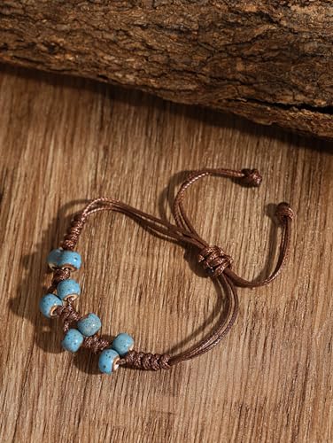MINACHI Bohemian Colorful Ceramic Bead Adjustable Cord Bracelet, Hippie Boho Summer Fashion Jewelry Gift for Women - color: S04