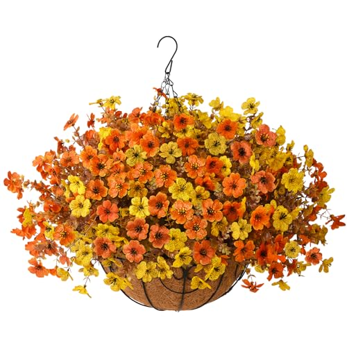 Artificial Fake Hanging Baskets Fall Flowers for Outdoors Autumn Decoration, 12 PCS Faux Daisy Silk Plants Outside UV Resistant Look Real Yard Patio Front Porch Balcony Home Decor (Orange Yellow) - color: Orange Yellow