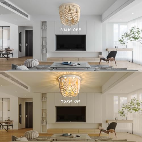 Bohemian Wood Beaded lamp 3-Light recessed Mounted Ceiling lamp Primary Color Antique Rustic mini Chandelier for Dining Room, Bedroom, Girl Room，Nursery, Hallway, Entrance, Passageway - color: Natural