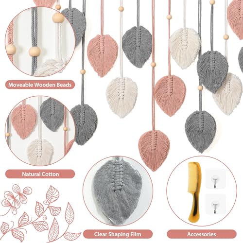 Betylifoy Macrame Wall Hanging Boho Leaves Tapestry Chic Bohemian Feather Wall Art Decor Handmade Yarn Woven Pink Leaf Tapestry Macrame Wall Decor for Bedroom Living Room Nursery Office Backdrop (Pink Gray) - color: Pink
