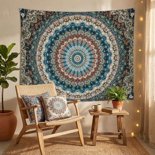 Motanber Boho Mandala Tapestry Wall Hanging Bohemian Medallion Tapestry Aesthetic Vintage Floral Hippie Indian Cool Small Tapestries for Bedroom Living Room Dorm Decor 60 x 44 Inch - color: Blue Beige, size: 60"L x 44"W