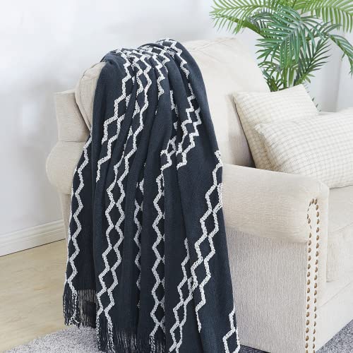 BOURINA Fluffy Chenille Knitted Fringe Throw Blanket Lightweight Soft Cozy for Bed Sofa Chair Throw Blankets, Navy 50" x 60" - color: A-navy, size: 50"×60"
