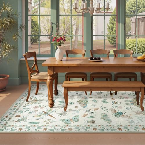 Beeiva Insect Print Washable Rugs 5x7 for Bedroom - Boho Living Room Rugs for Playroom Nursery, Soft Ultra-Thin Stain Resistant Large Accent Carpet for Office Dining Room Vintage Decor(5'x7',Beige) - color: Beige, size: 5' x 7' (Rectangular)