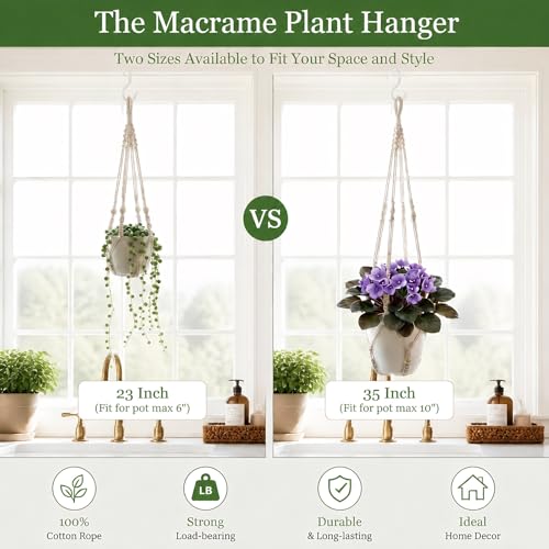 Macrame Plant Hanger 23", Set of 2 No Tassel Hanging Plant Holder Indoor, Sturdy Flower Pot Holder with 4 Hooks - Ivory (Pot NOT Included) - color: Ivory, size: 23"-2pcs
