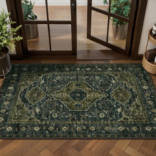 2x4 Washable Kitchen Rug Oriental Non Slip Small Rug for Entryway Vintage Front Door Mat Indoor Entrance, Print Throw Rugs Olive Green, Soft Low Pile Rugs Small Carpet for Entry Bedroom Bathroom - color: Dark Blue/Green, size: 2' X 4' (Runner)