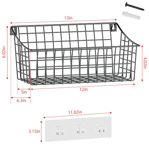 2 Pack Wall Hanging Baskets for Organizing, Large Metal Wire Basket with 5 Hooks+2 Strong Long Adhesive Hooks,Kitchen Hanging Mesh Organizer, Wall Mounted Bin for Kitchen, Bathroom, Bedroom,SUV,Garage - size: 13"L x 6.3"W x 6.02"H-2Pack