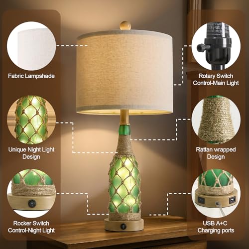 OYEARS 23'' Boho Table Lamps with Night Light for Living Room, Bedside Lamps Set of 2 with A+C Charging Ports for Bedroom, Farmhouse USB Lamps for Nightstand Console, Glass Bottle Rope Base, Green - color: Green