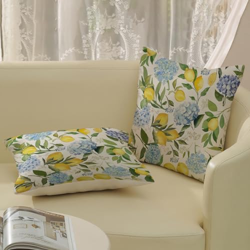 Blue Yellow Pillow Covers 16x16 Inch 2 Pcs Blue Hydrangea Floral Decor Throw Pillows Vintage Lemon Flower Seasonal Summer Outdoor Decoration Pillowcase Linen Cushion Cover for Couch Sofa - color: Blue Yellow Hydrangea Lemon Flower, size: 16" x 16" (Pack o