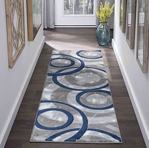 GLORY RUGS Area Rug Modern 2x7 Navy Circles Geometry Soft Hand Carved Contemporary Floor Carpet Fluffy Texture for Indoor Living Dining Room and Bedroom Area - color: Navy, size: 2' x 7' (Rectangular)