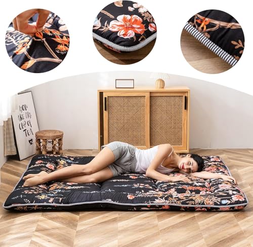 Black Floral Japanese Futon Floor Mattress, Mattress Topper Portable Thick Sleeping Pad Floor Mat Roll Up Camping Mattress Folding Couch Mattress Pad for Guest Room, Twin Size - color: Black Floral, size: Twin